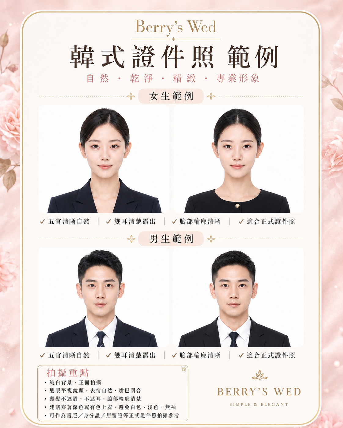 Berry's Wed 韓式證件照男女範例對照，白底正面拍攝、五官清晰、雙耳清楚露出