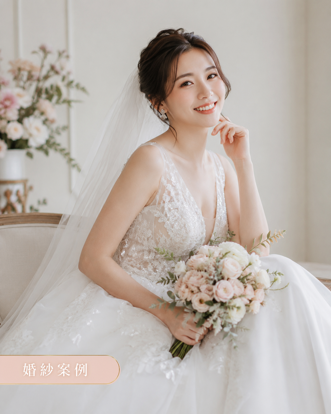 Berry's Wed 婚紗案例，新娘手持粉白色捧花、穿蕾絲齊地白紗與長頭紗於室內拍攝